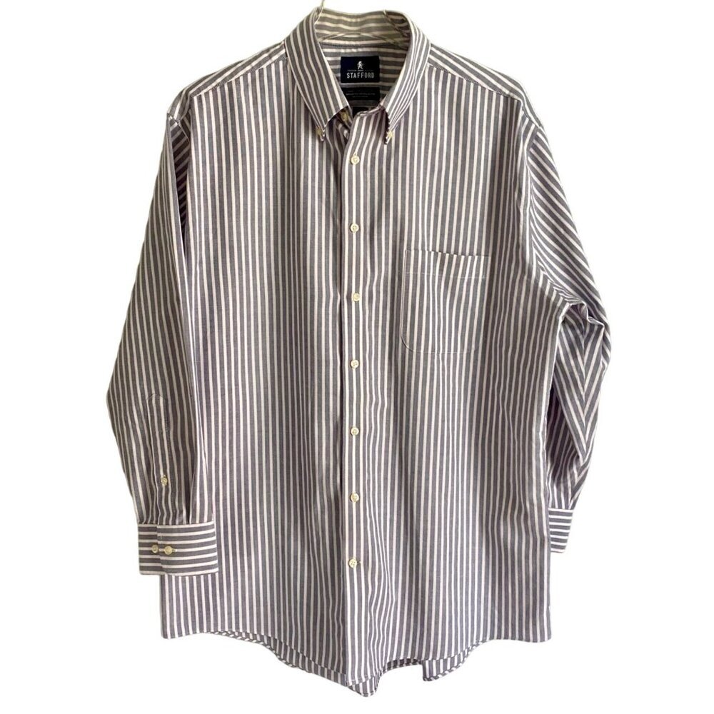 Stafford Wrinkle Free Oxford Shirt Gray White Striped Men's Size 17